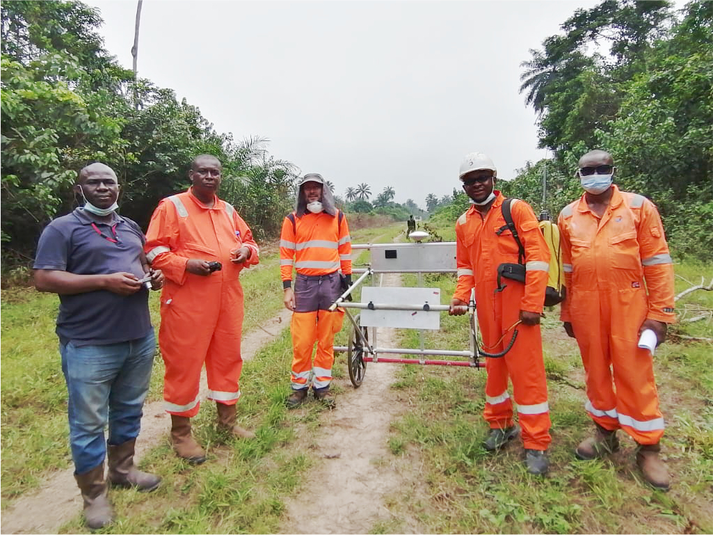 Surveying field crew with total station equipment